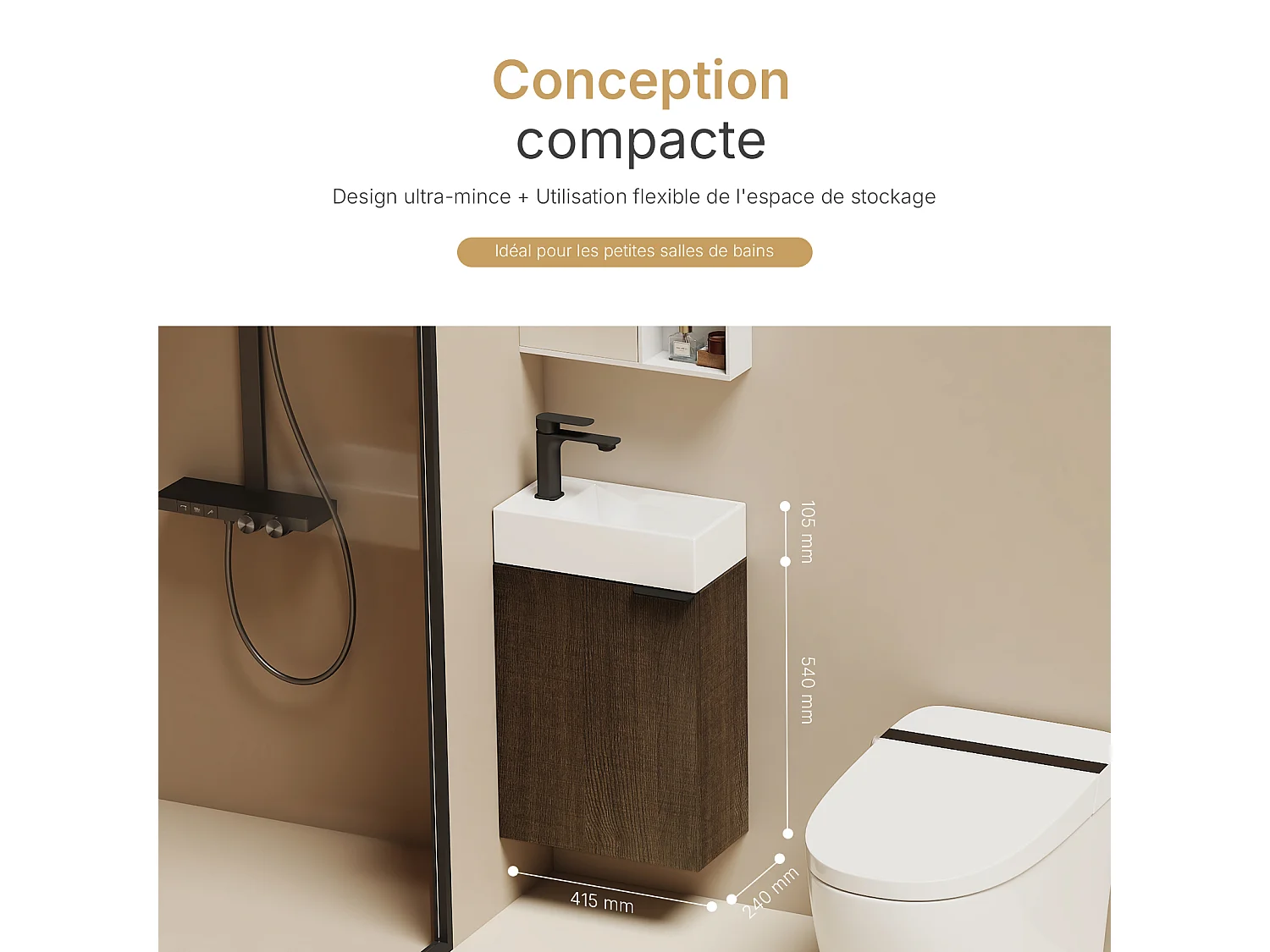 EMKE Meuble salle de bain mural vasque céramique blanche moderne finition bois foncé L.41.7 x H.64.6 cm