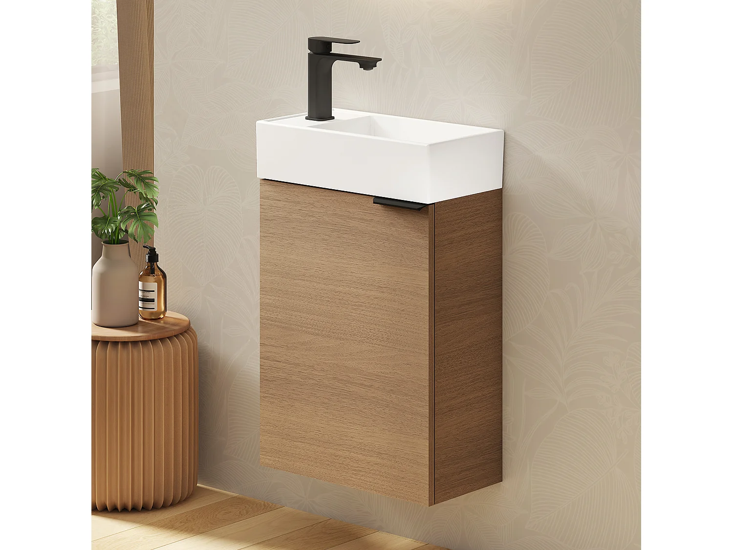 EMKE Meuble salle de bain mural vasque céramique blanche moderne finition noyer L.41.7 x H.64.6 cm