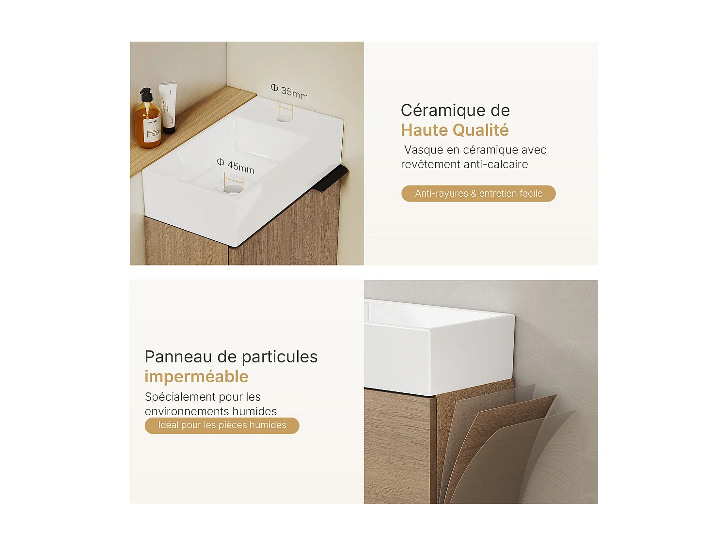 EMKE Meuble salle de bain mural vasque céramique blanche moderne finition noyer L.41.7 x H.64.6 cm