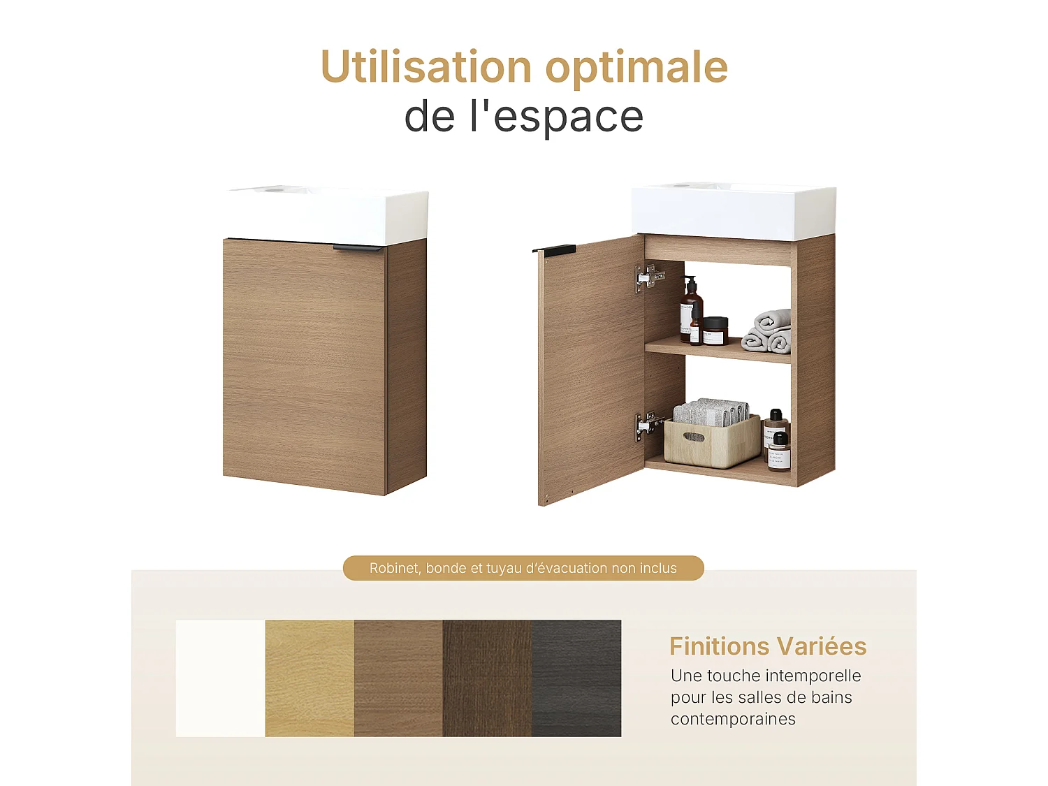 EMKE Meuble salle de bain mural vasque céramique blanche moderne finition noyer L.41.7 x H.64.6 cm
