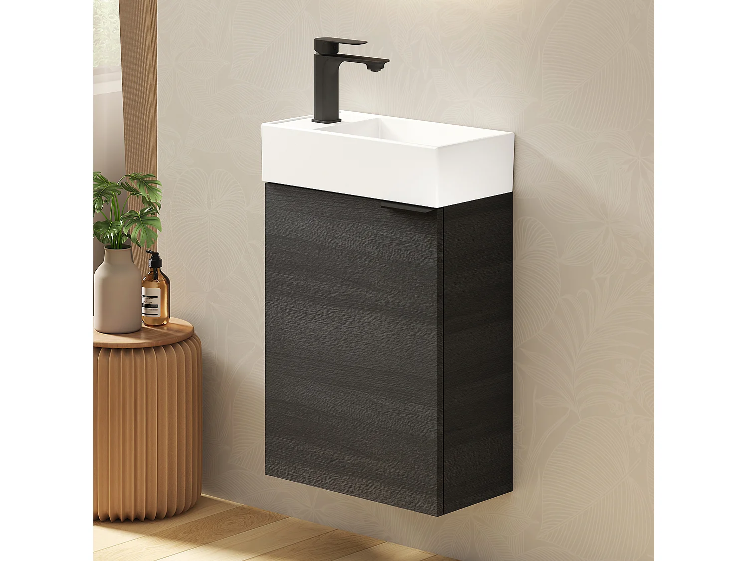 EMKE Meuble salle de bain mural vasque céramique blanche moderne finition charbon L.41.7 x H.64.6 cm