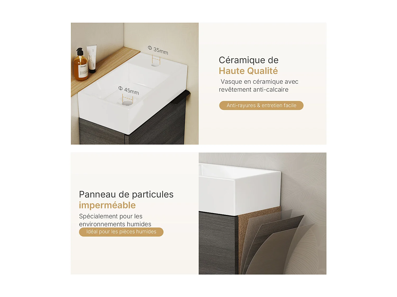 EMKE Meuble salle de bain mural vasque céramique blanche moderne finition charbon L.41.7 x H.64.6 cm