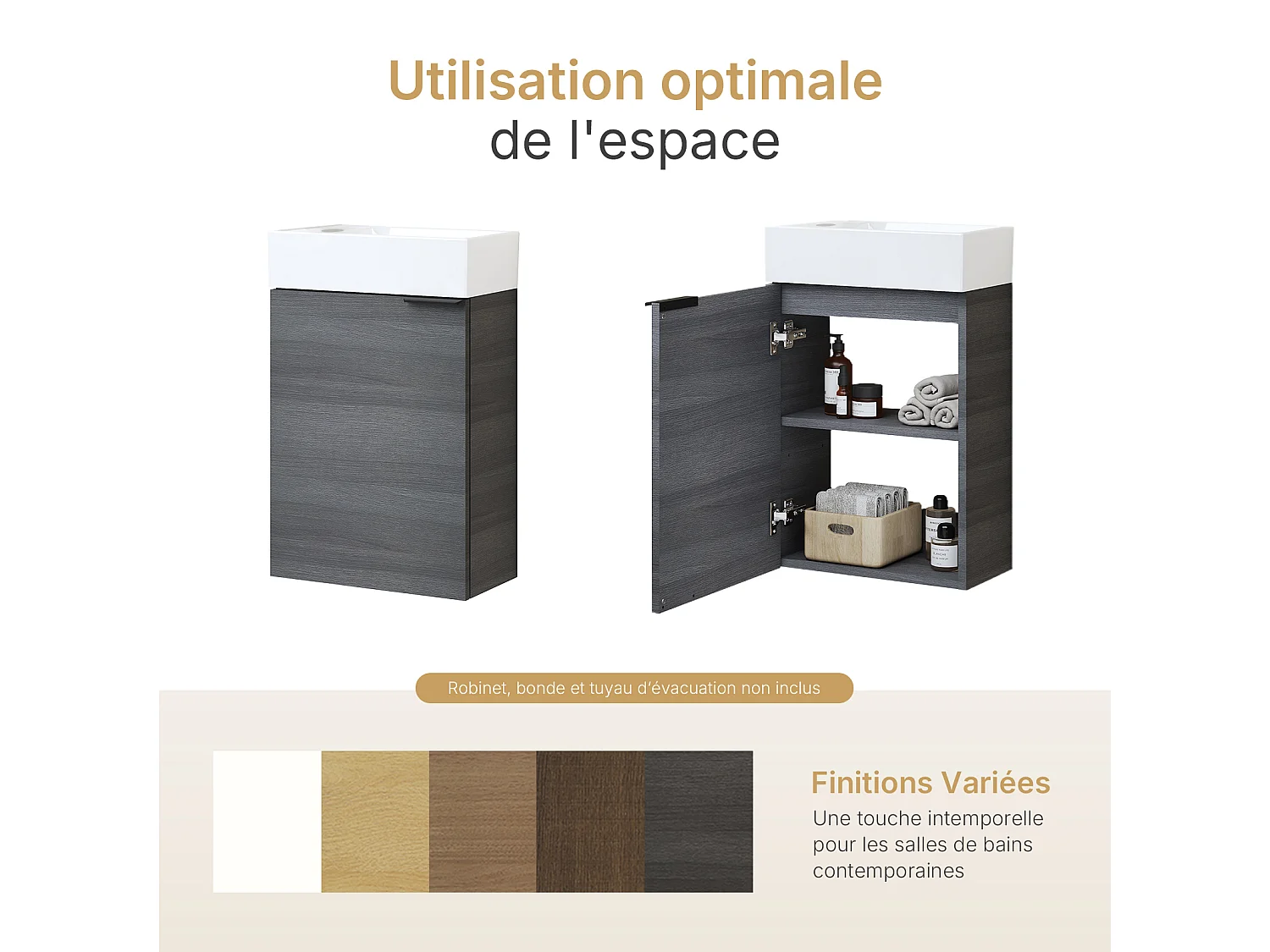 EMKE Meuble salle de bain mural vasque céramique blanche moderne finition charbon L.41.7 x H.64.6 cm
