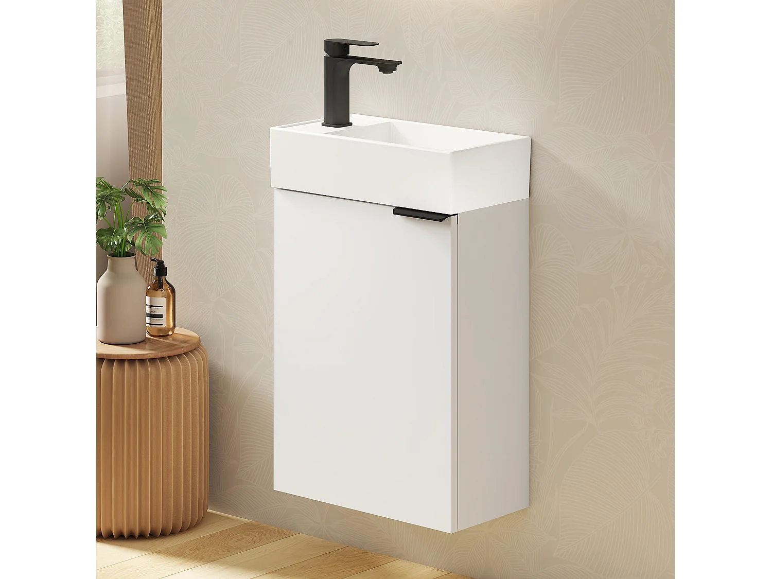EMKE Meuble salle de bain mural vasque céramique blanche moderne finition blanc L.41.7 x H.64.6 cm
