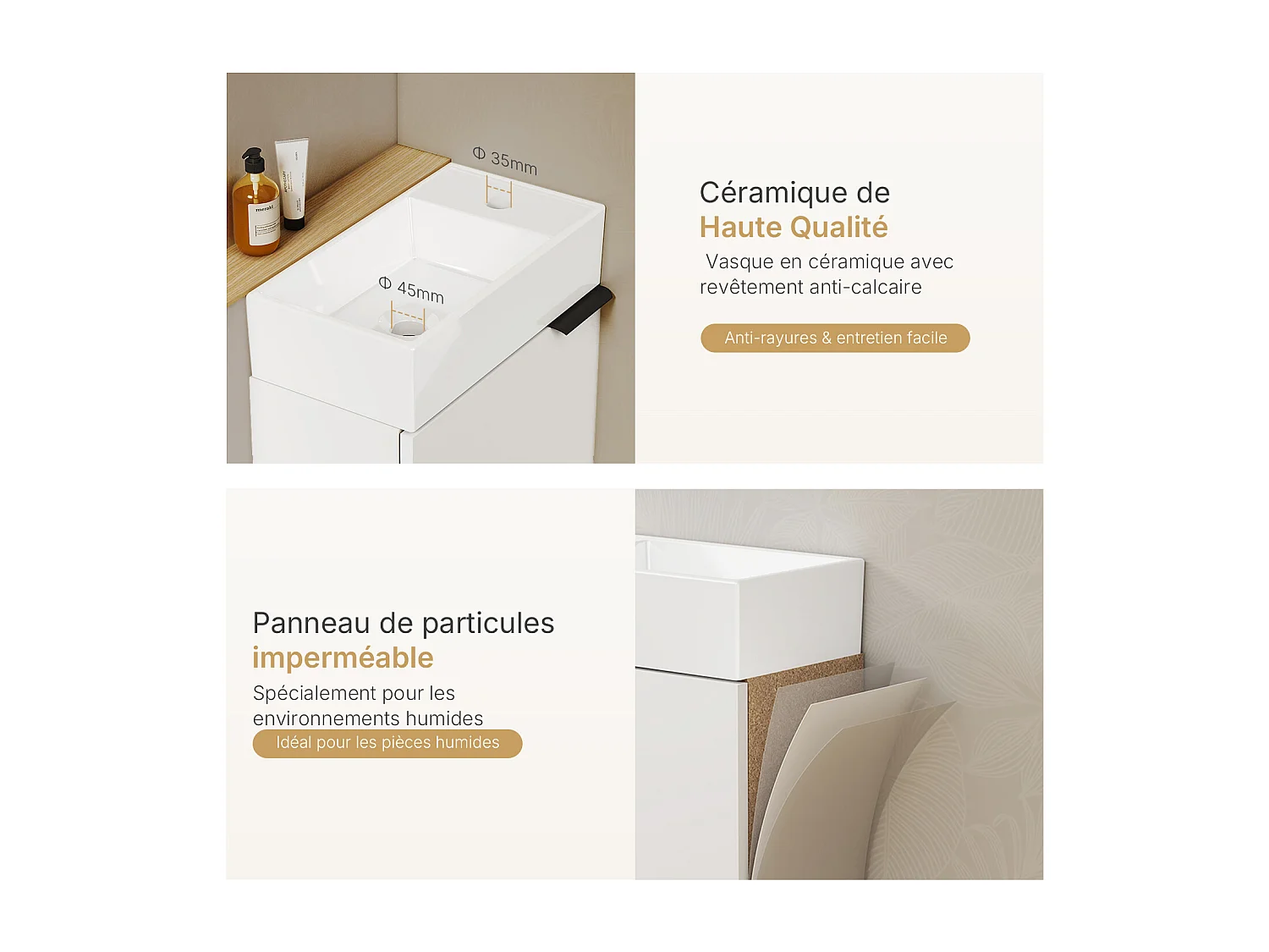 EMKE Meuble salle de bain mural vasque céramique blanche moderne finition blanc L.41.7 x H.64.6 cm