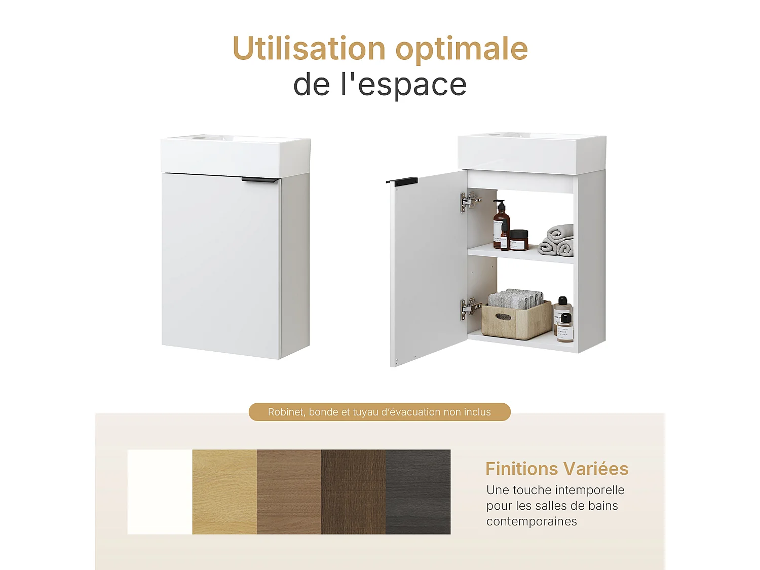EMKE Meuble salle de bain mural vasque céramique blanche moderne finition blanc L.41.7 x H.64.6 cm