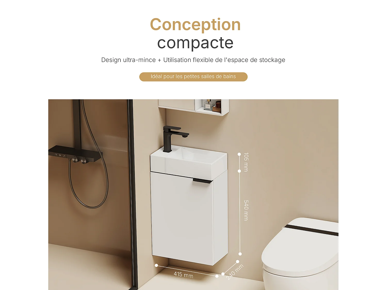 EMKE Meuble salle de bain mural vasque céramique blanche moderne finition blanc L.41.7 x H.64.6 cm
