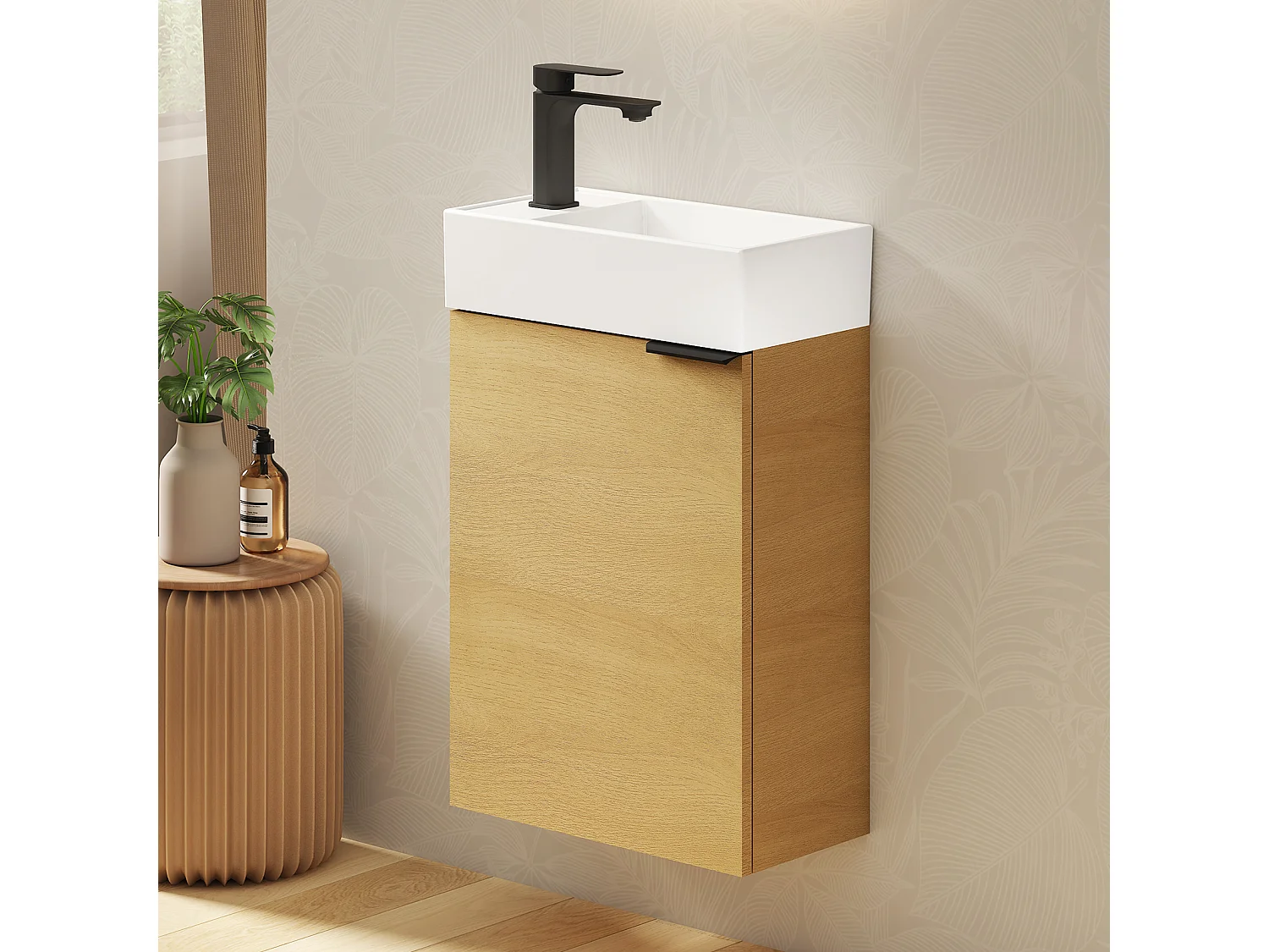 EMKE Meuble salle de bain mural vasque céramique blanche moderne finition chêne clair L.41.7 x H.64.6 cm