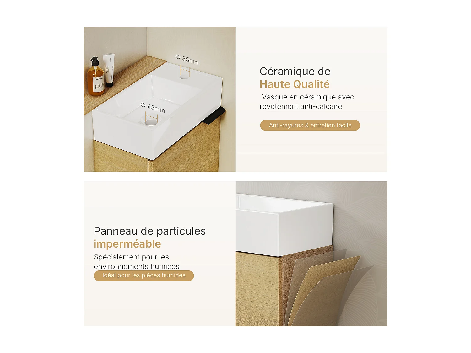 EMKE Meuble salle de bain mural vasque céramique blanche moderne finition chêne clair L.41.7 x H.64.6 cm