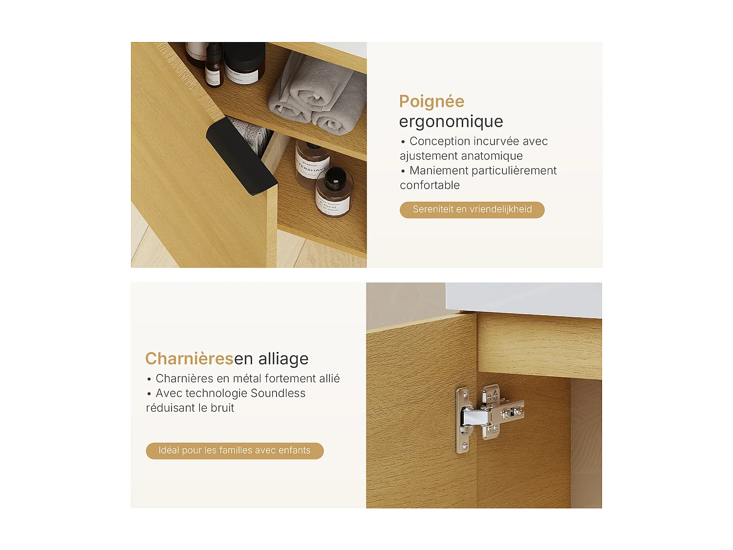 EMKE Meuble salle de bain mural vasque céramique blanche moderne finition chêne clair L.41.7 x H.64.6 cm