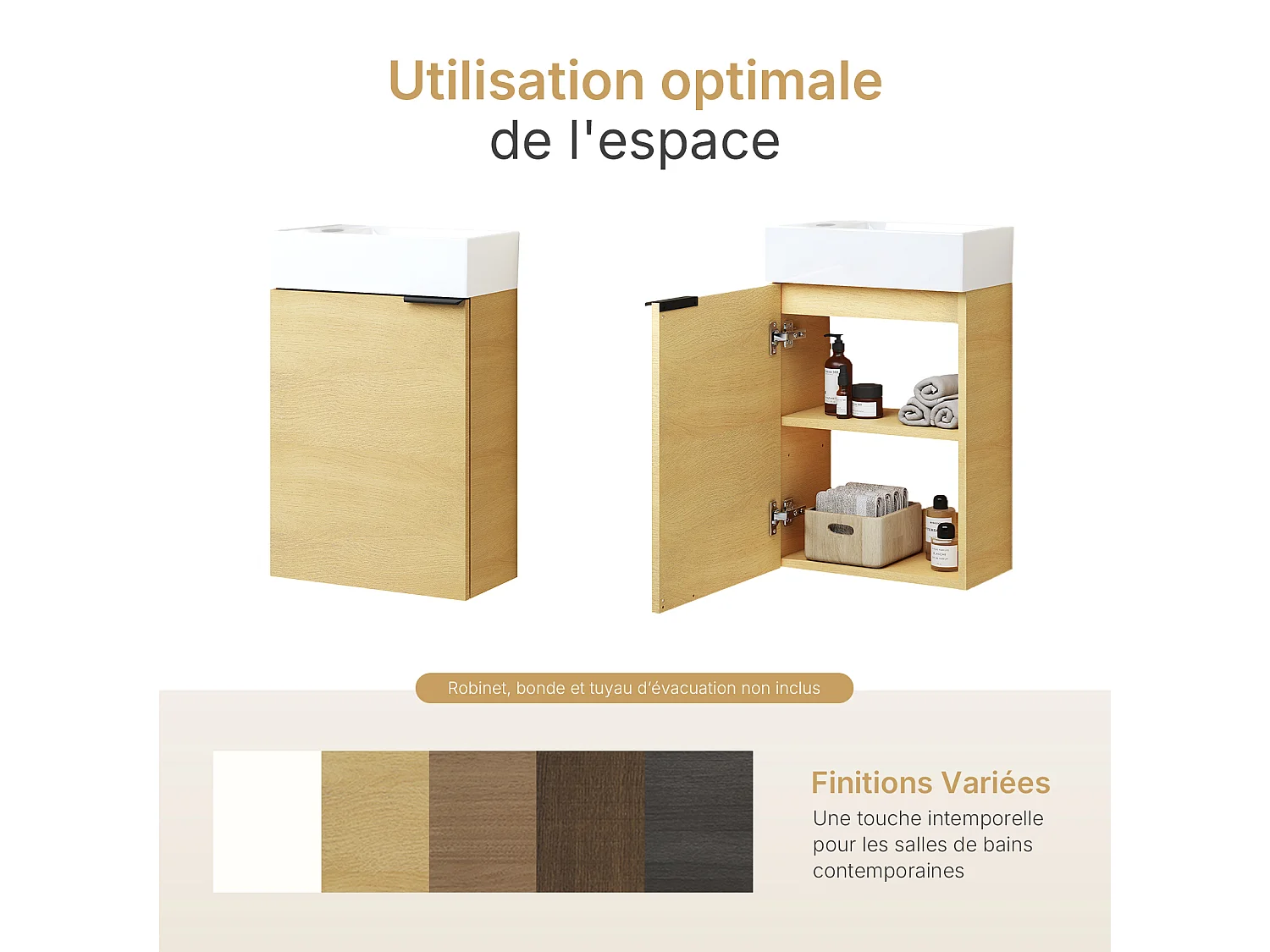 EMKE Meuble salle de bain mural vasque céramique blanche moderne finition chêne clair L.41.7 x H.64.6 cm