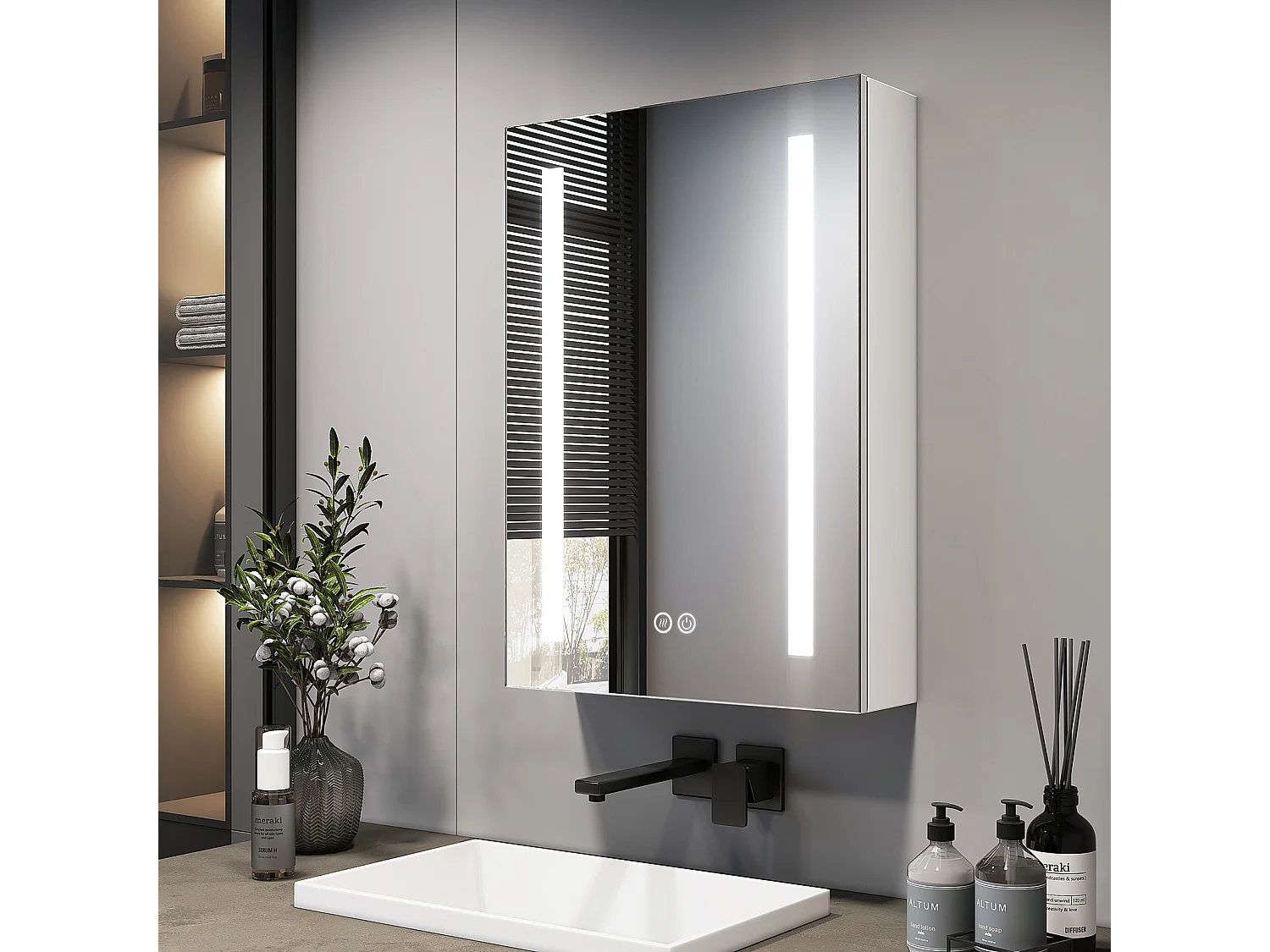Armoire de toilette LED 70x50cm blanche avec miroir prise et anti-buée EMKE