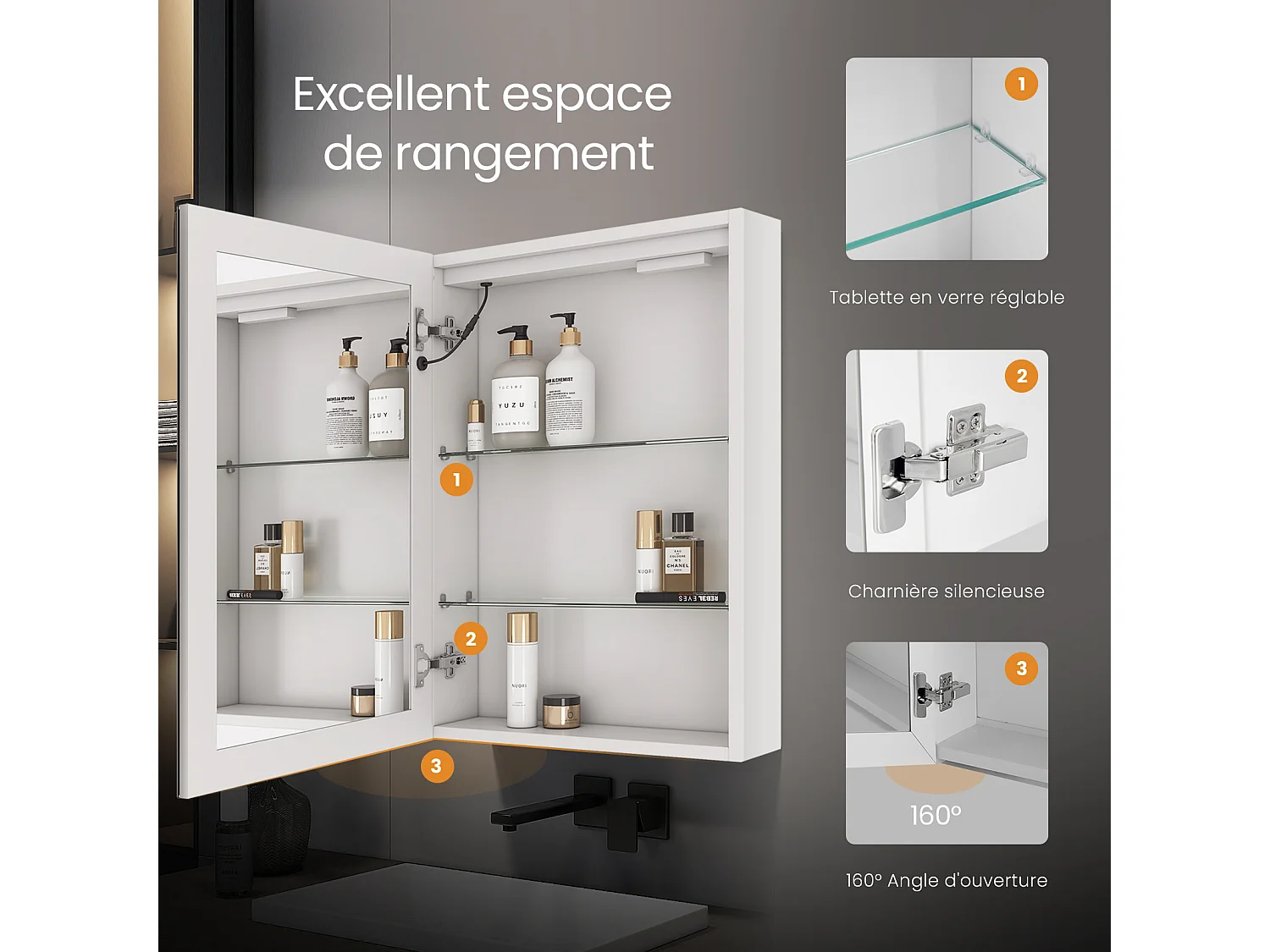 Armoire de toilette LED 70x50cm blanche avec miroir prise et anti-buée EMKE