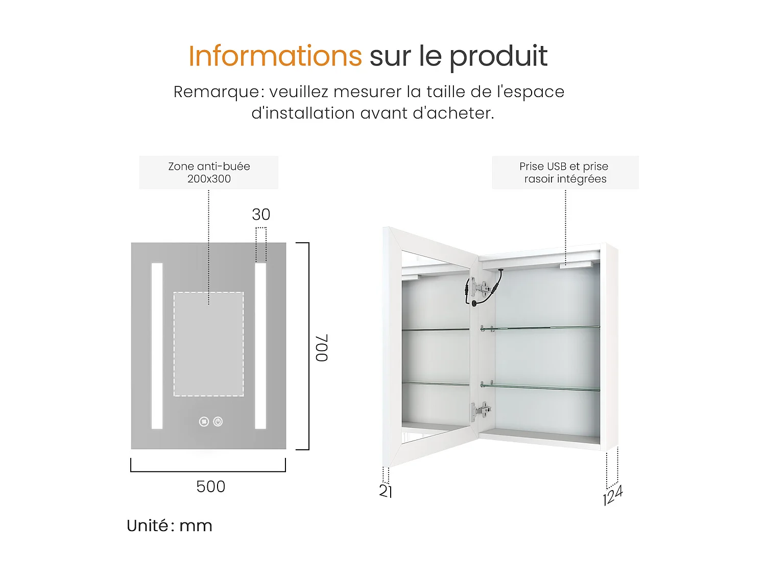 Armoire de toilette LED 70x50cm blanche avec miroir prise et anti-buée EMKE