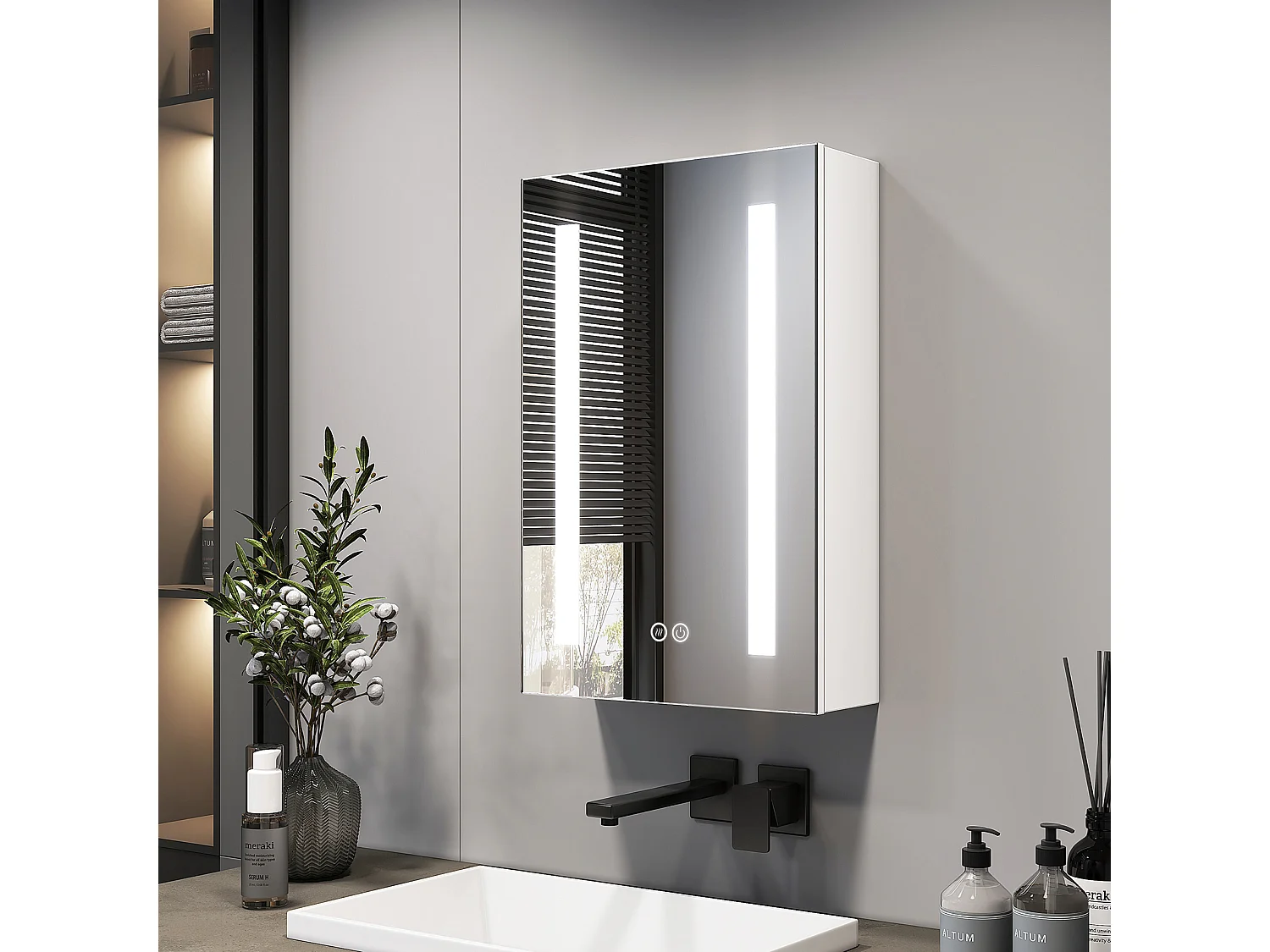 Armoire de toilette LED 60x40cm blanche avec miroir prise et anti-buée EMKE