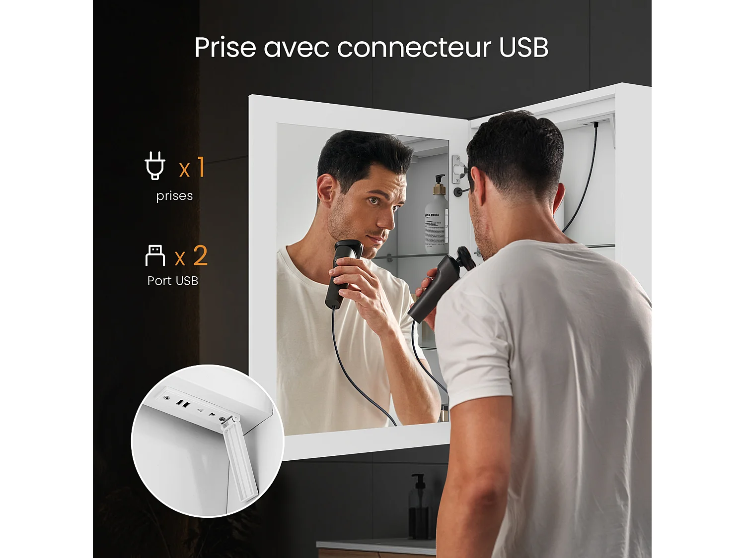 Armoire de toilette LED 60x40cm blanche avec miroir prise et anti-buée EMKE