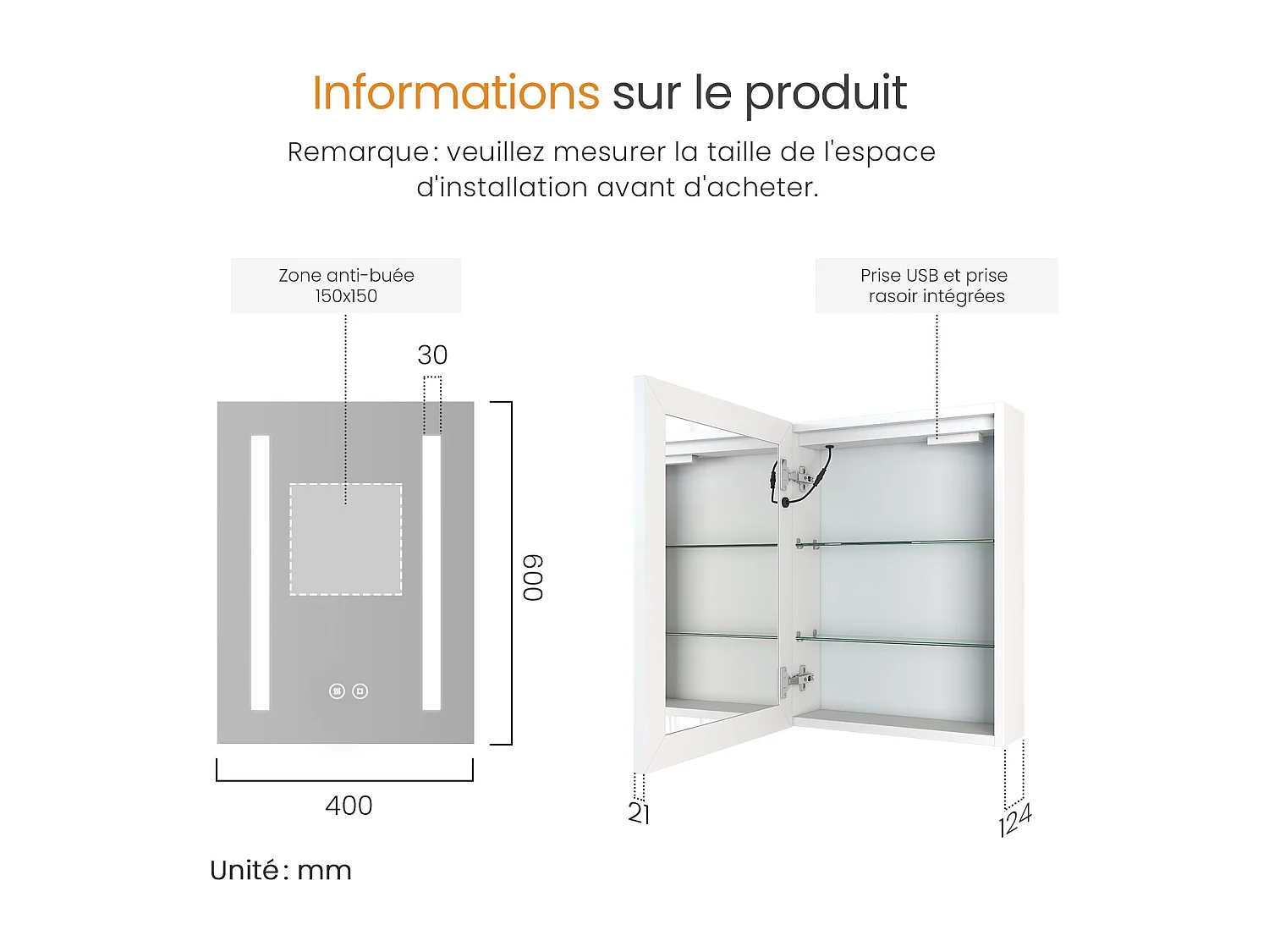Armoire de toilette LED 60x40cm blanche avec miroir prise et anti-buée EMKE