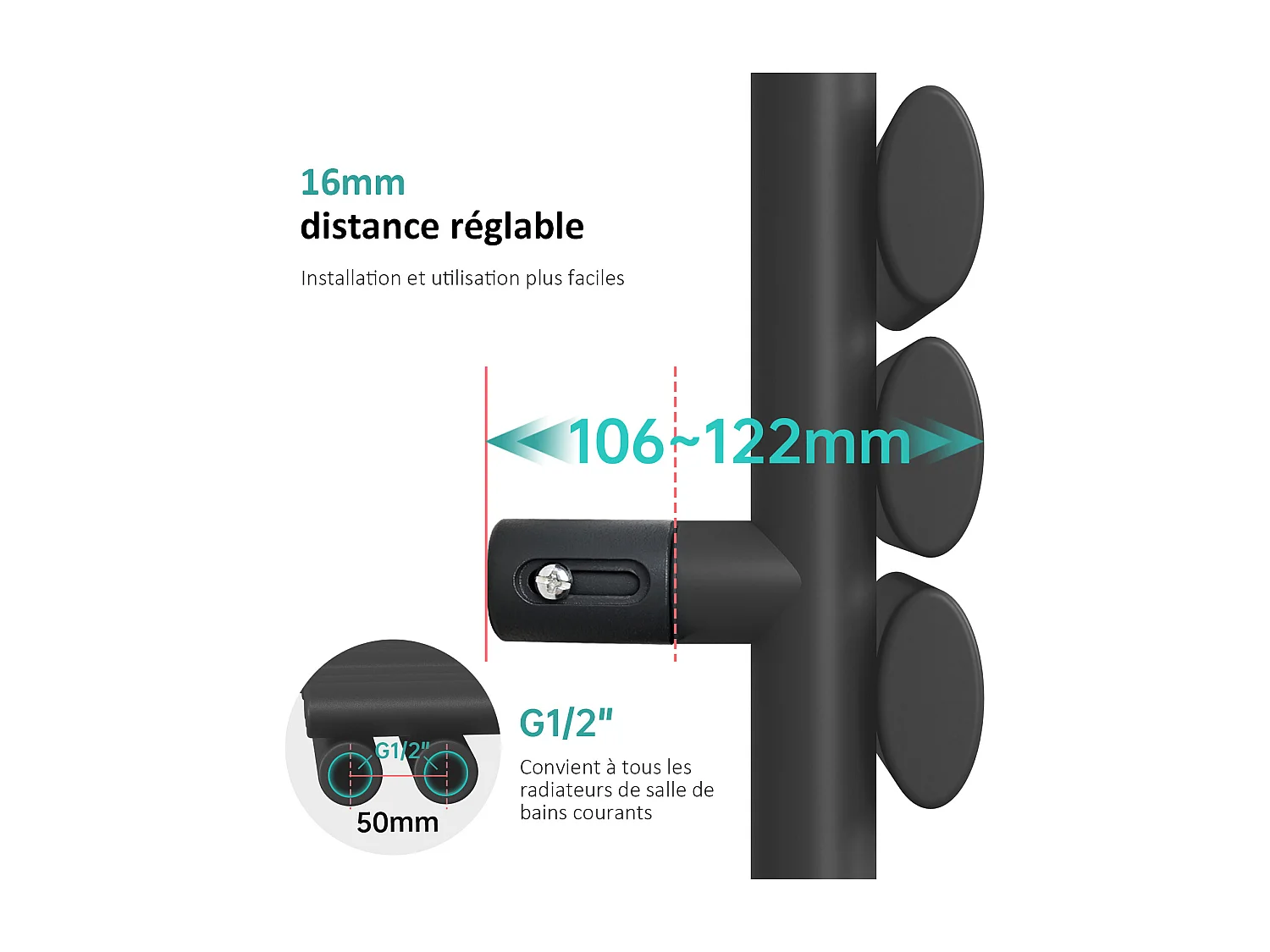 Sèche-serviette eau chaude EMKE raccord latéral radiateur sèche-serviettes anthracite 143 × 40 cm 510 watts