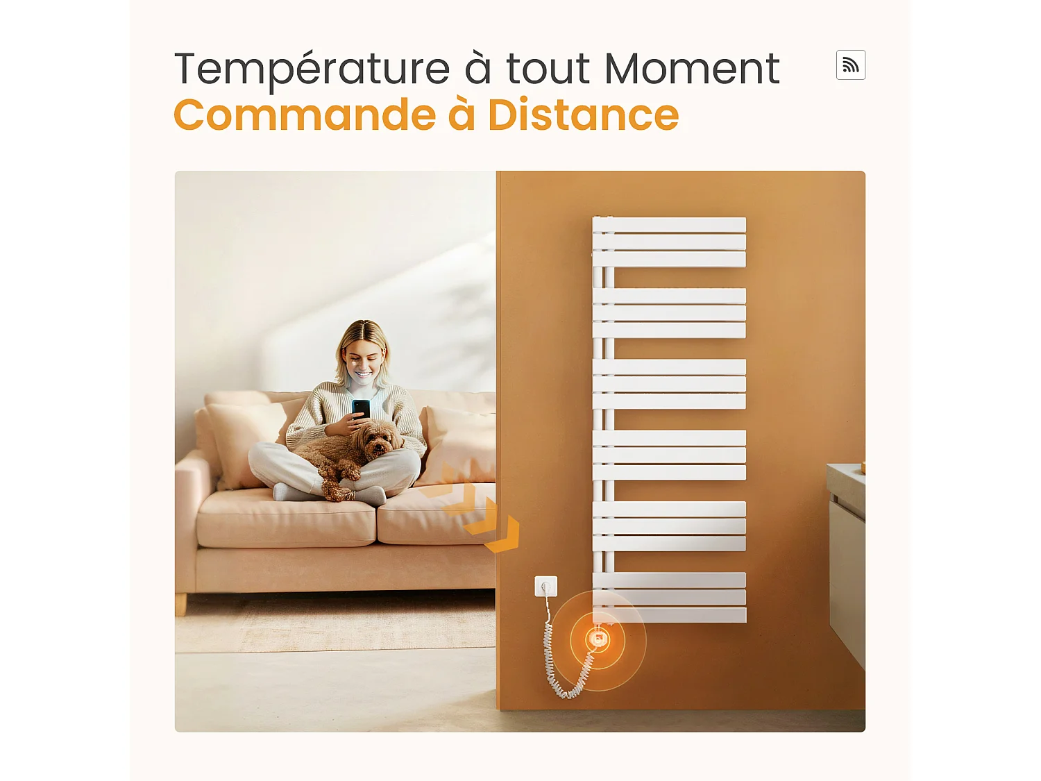 EMKE Radiateur Sèche-Serviettes Électrique 1041x600 mm, Blanc 600W, WiFi, Modes Intelligents, Détection Fenêtre