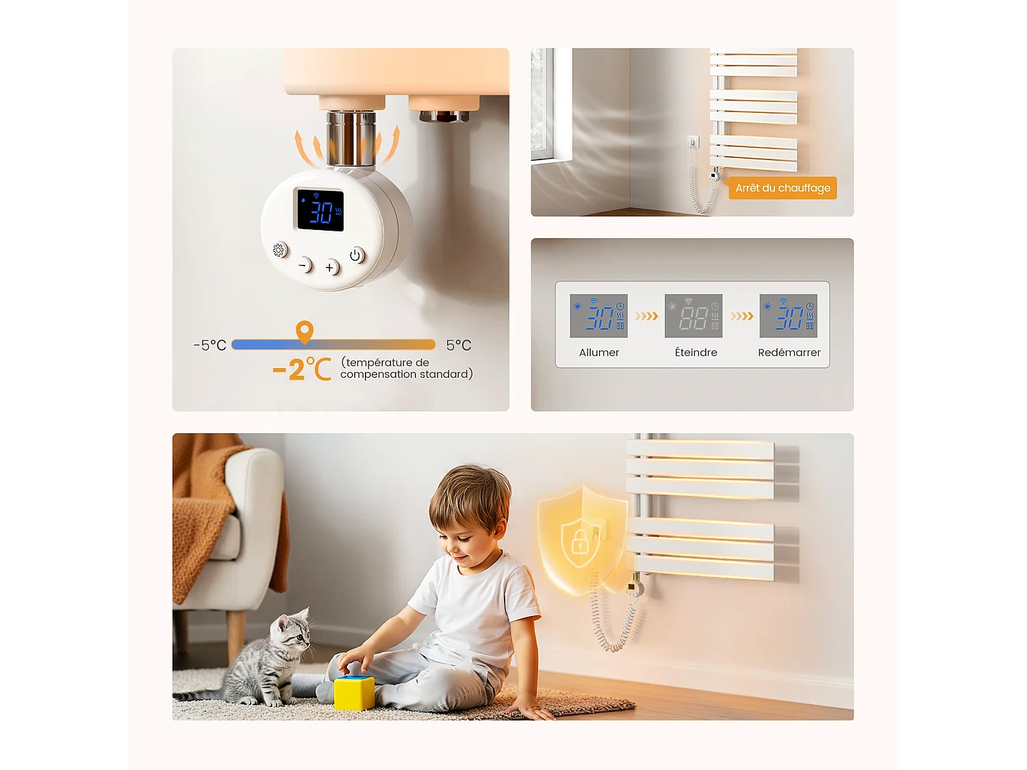 EMKE Radiateur Sèche-Serviettes Électrique 762x600 mm, Blanc 400W, WiFi, Modes Intelligents, Détection Fenêtre