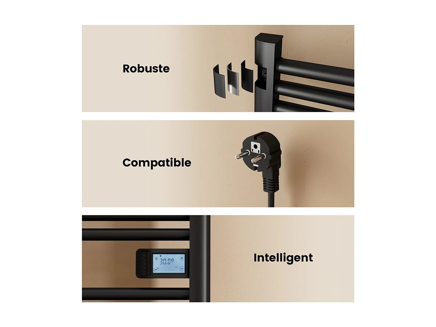 EMKE Sèche-serviettes électrique Noir aluminium H. 120 x L. 54 cm 600 W avec écran tactile LCD