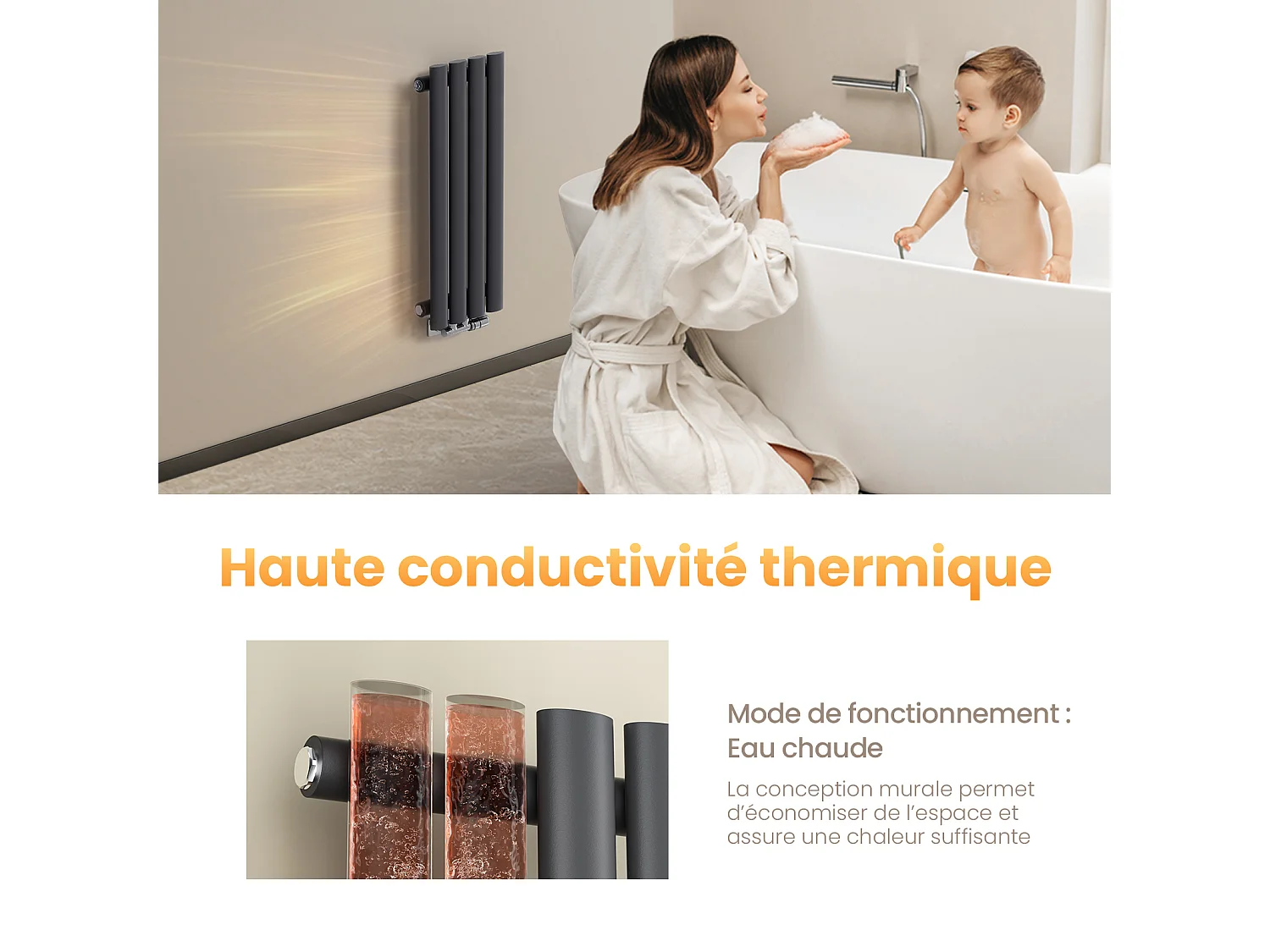 EMKE Radiateur eau chaude vertical Anthracite acier H. 60 x L. 24 cm 177 W raccordement central