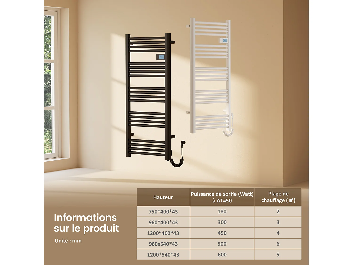 EMKE Sèche-serviettes électrique Blanc aluminium H. 120 x L. 54 cm 600 W avec écran tactile LCD