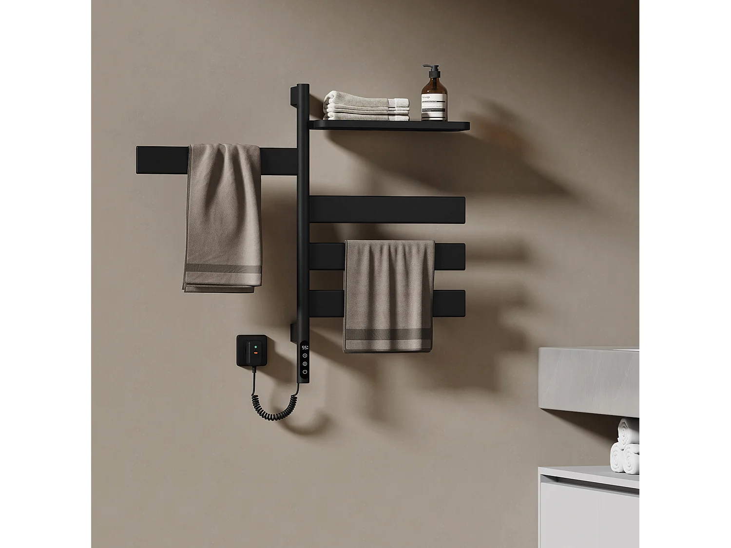 EMKE Sèche-serviettes électrique noir acier inoxydable thermostat WiFi pivotant H.76 x L.45 cm