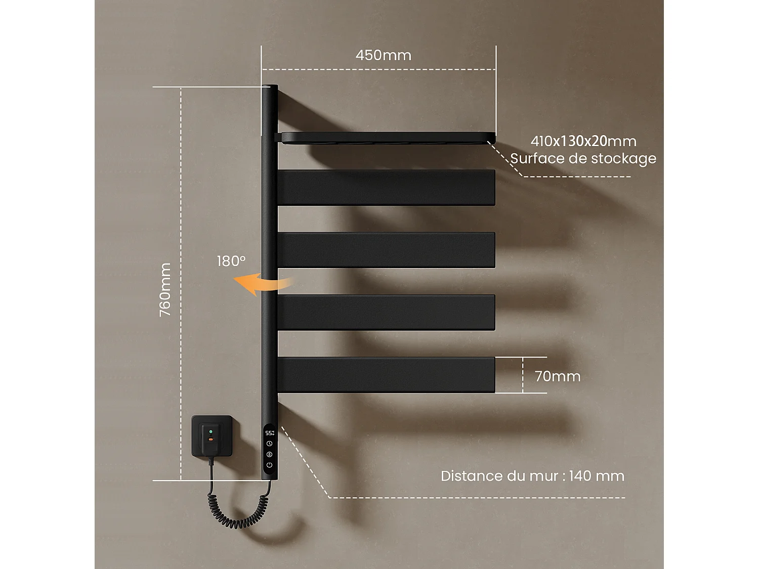 EMKE Sèche-serviettes électrique noir acier inoxydable thermostat WiFi pivotant H.76 x L.45 cm