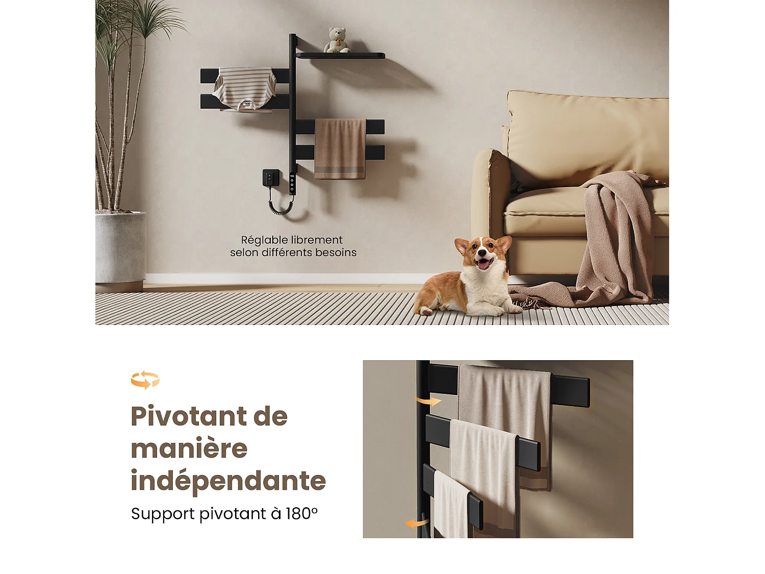 EMKE Sèche-serviettes Électrique, H.76 x L.45 cm, Barres pivotantes 180 degrés avec Étagère, WiFi App/Alexa, 120W, Noir