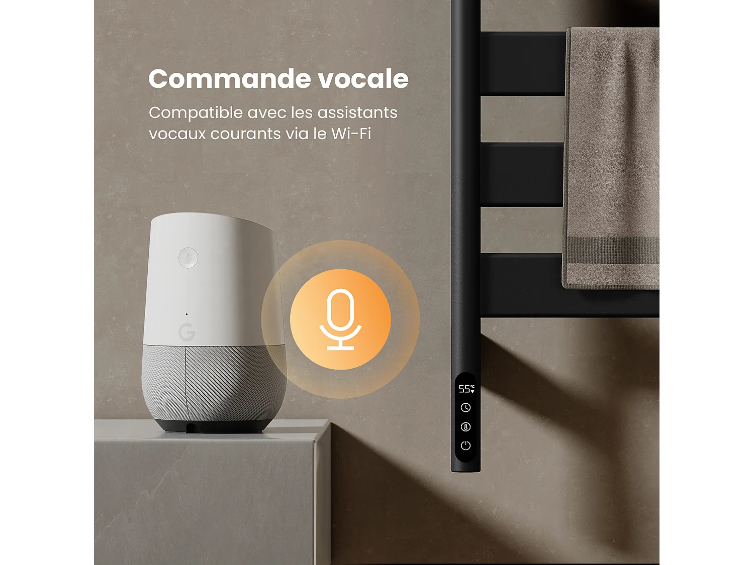 EMKE Sèche-serviettes Électrique, H.76 x L.45 cm, Barres pivotantes 180 degrés avec Étagère, WiFi App/Alexa, 120W, Noir