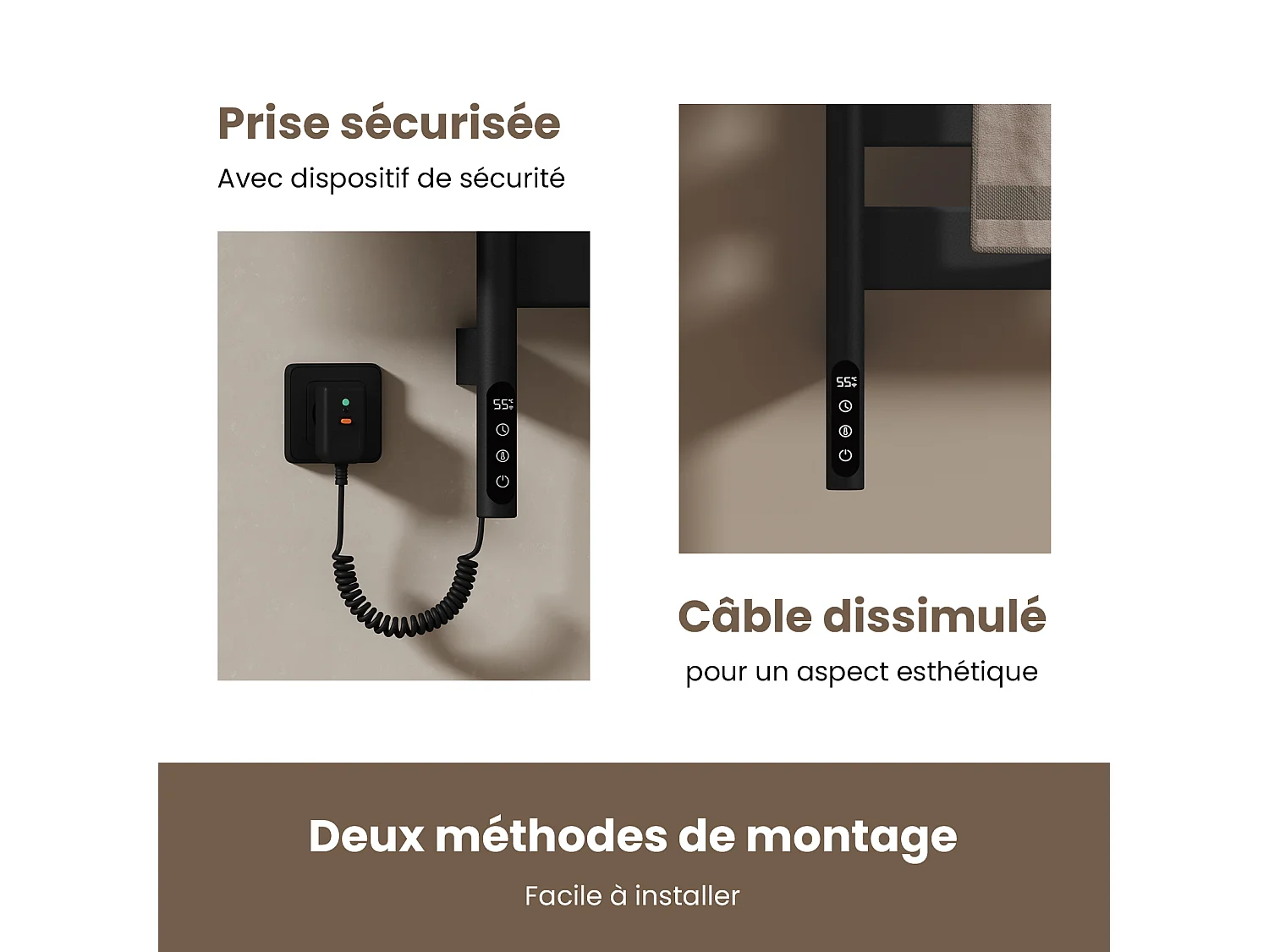 EMKE Sèche-serviettes Électrique, H.76 x L.45 cm, Barres pivotantes 180 degrés avec Étagère, WiFi App/Alexa, 120W, Noir
