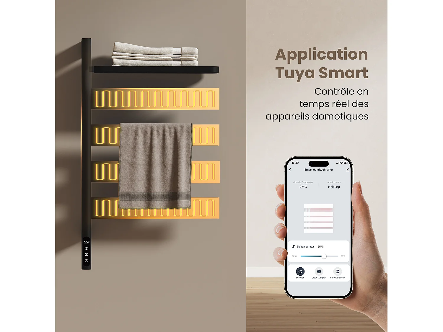 EMKE Sèche-serviettes Électrique, H.76 x L.45 cm, Barres pivotantes 180 degrés avec Étagère, WiFi App/Alexa, 120W, Noir