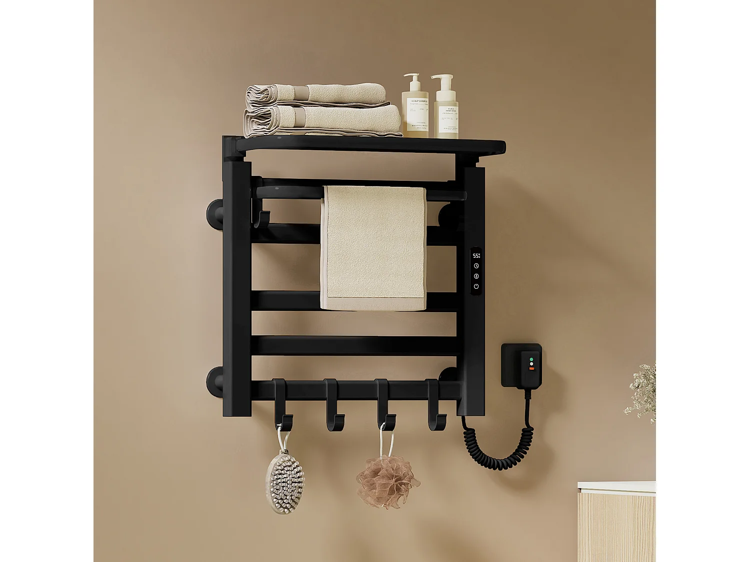 EMKE Sèche-serviettes électrique noir aluminium WiFi H. 50 x L. 50 cm 140 W avec étagère pliable