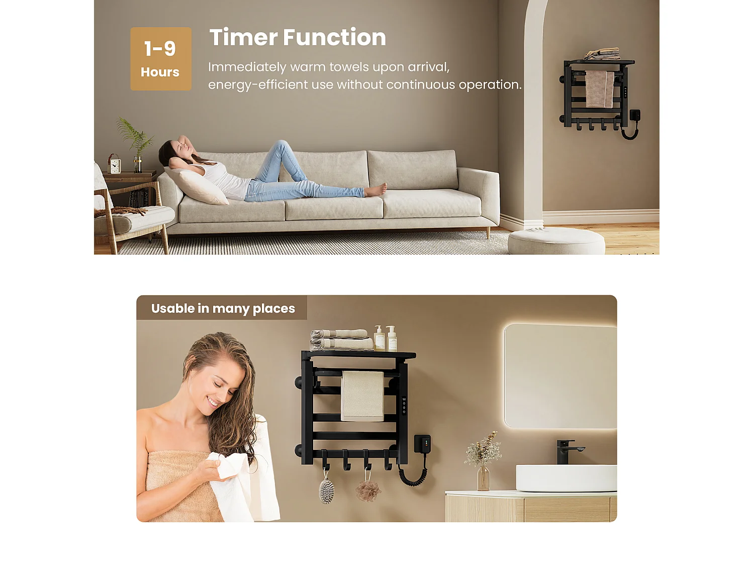 EMKE Sèche-serviettes électrique noir aluminium WiFi H. 50 x L. 50 cm 140 W avec étagère pliable