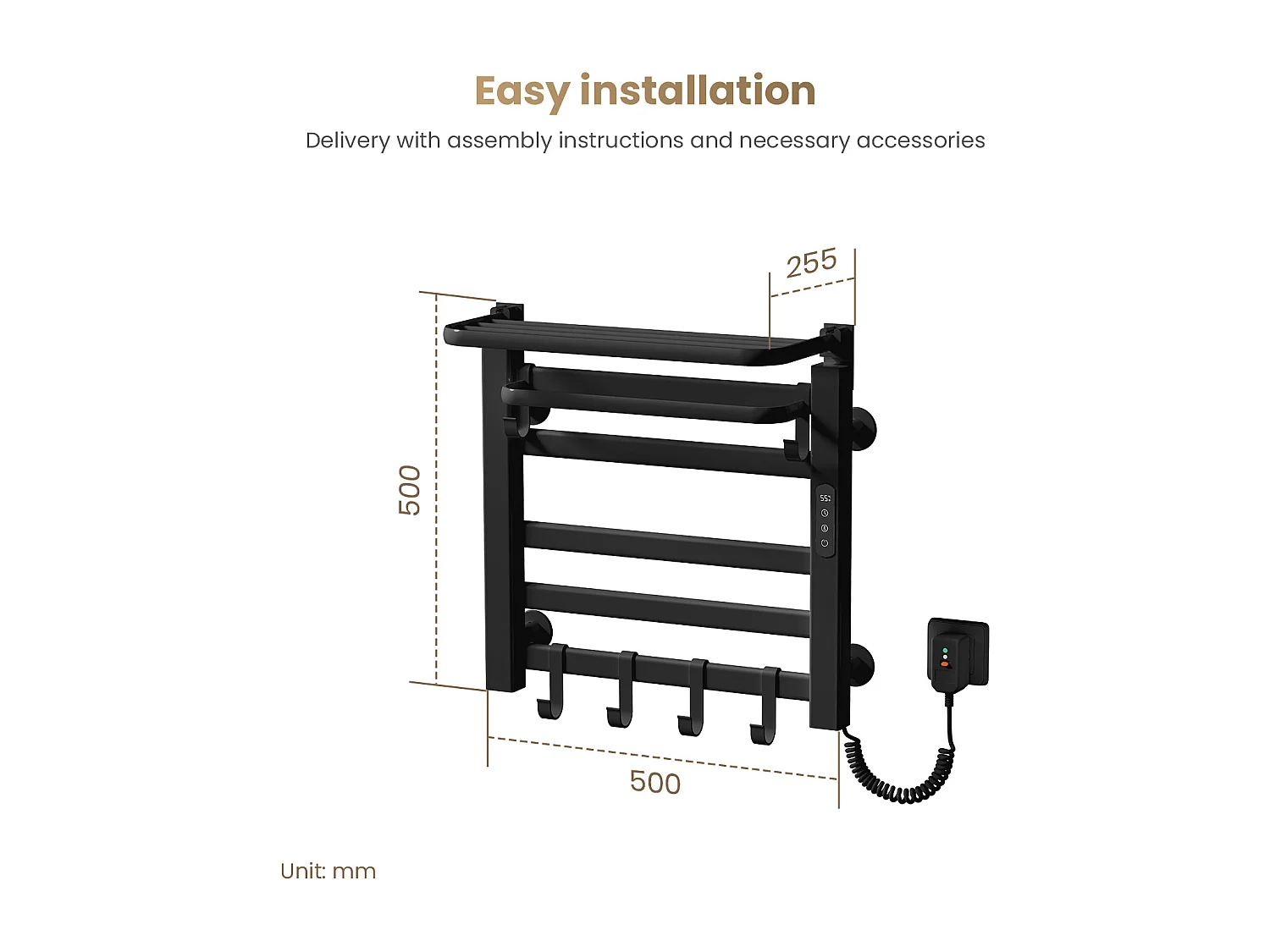 EMKE Sèche-serviettes électrique noir aluminium WiFi H. 50 x L. 50 cm 140 W avec étagère pliable