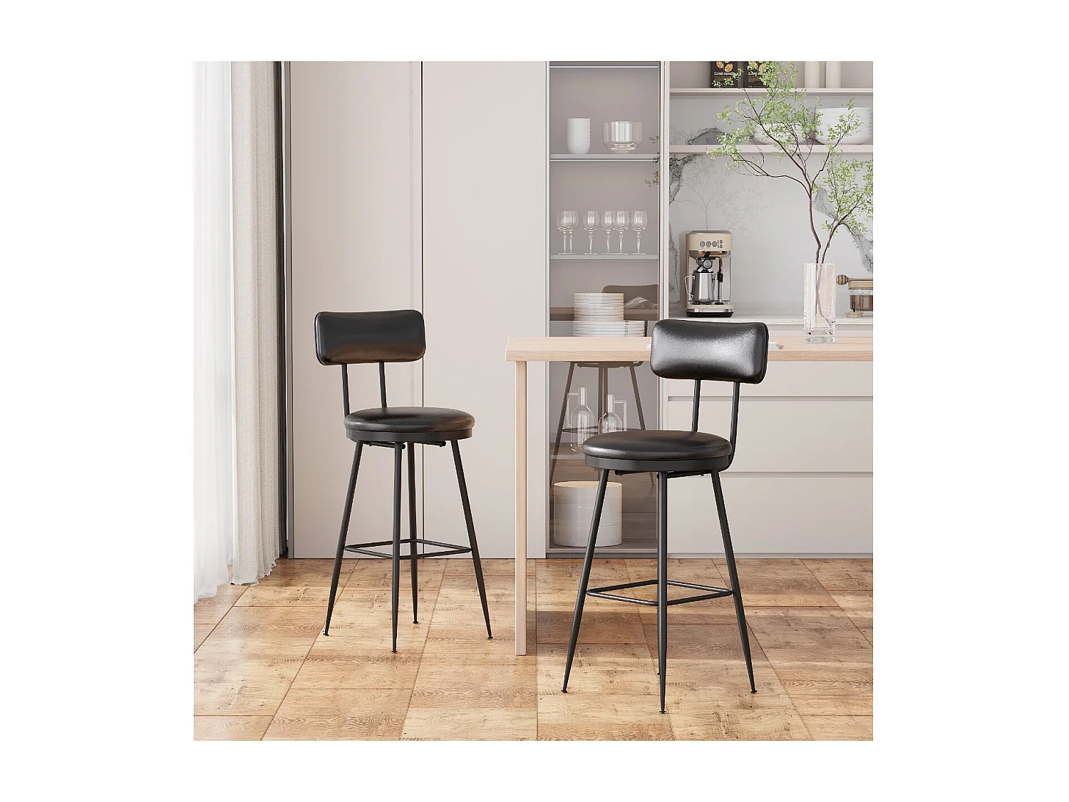 Lot de 2 tabourets de bar en PU Noir foncé avec dossier, repose-pieds, structure métal, style moderne cuisine
