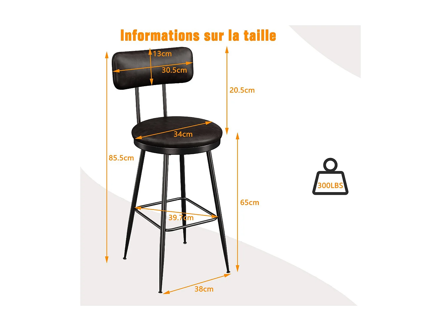 Lot de 2 tabourets de bar en PU Noir foncé avec dossier, repose-pieds, structure métal, style moderne cuisine