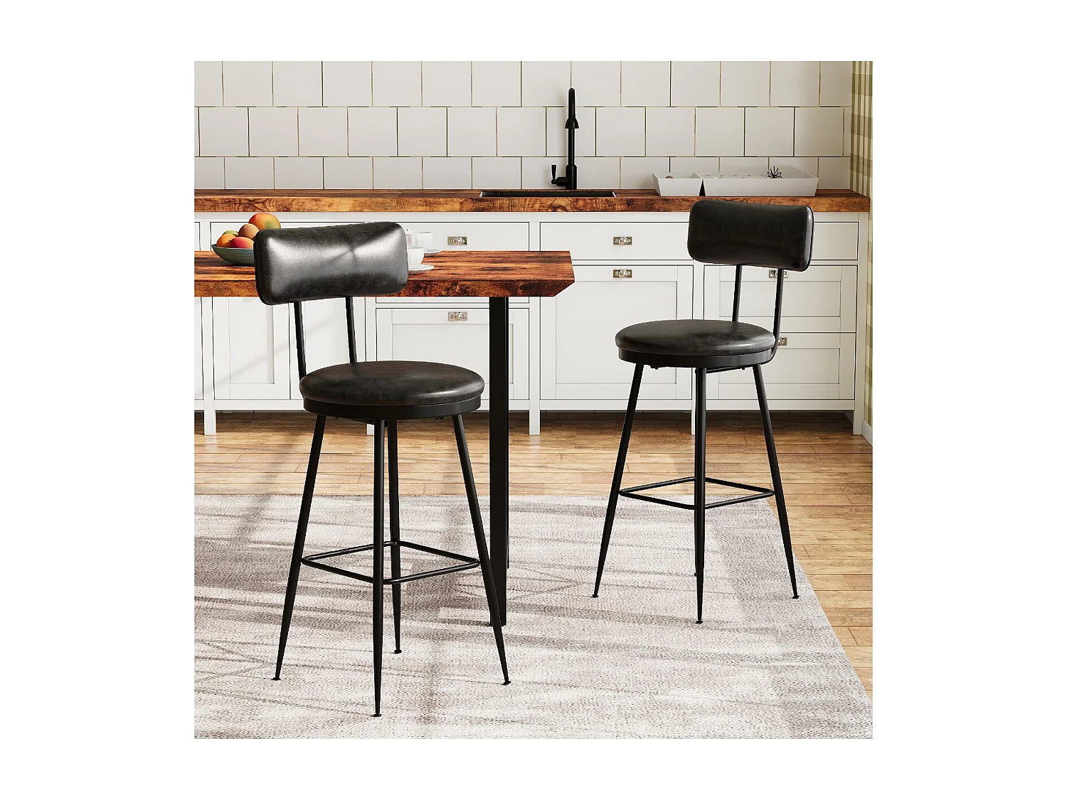 Lot de 2 tabourets de bar en PU Noir foncé avec dossier, repose-pieds, structure métal, style moderne cuisine