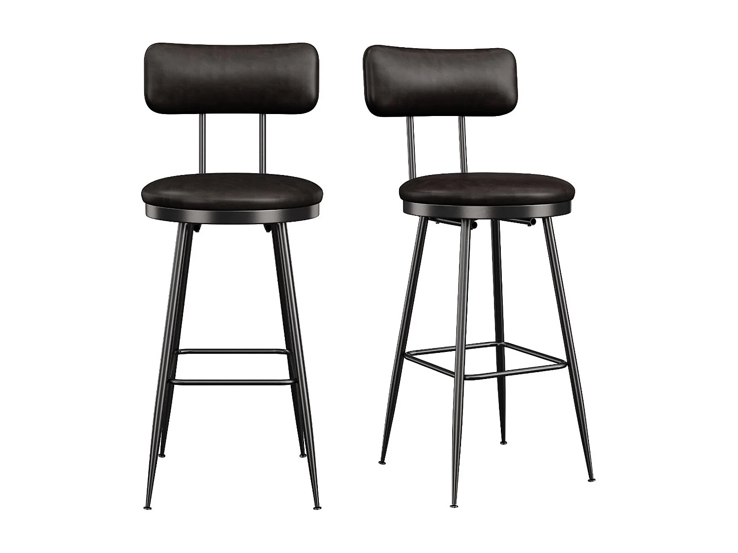 Lot de 2 tabourets de bar en PU Noir foncé avec dossier, repose-pieds, structure métal, style moderne cuisine