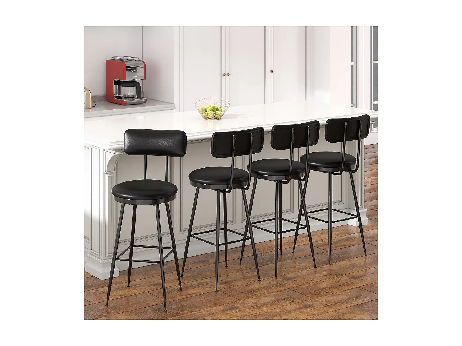 Lot de 4 tabourets de bar en PU Noir foncé avec dossier, repose-pieds, structure métal, style moderne cuisine