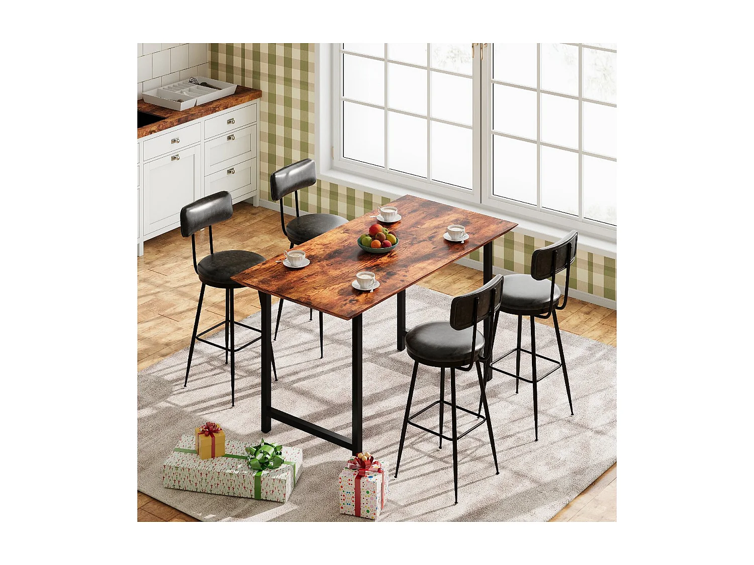 Lot de 4 tabourets de bar en PU Noir foncé avec dossier, repose-pieds, structure métal, style moderne cuisine