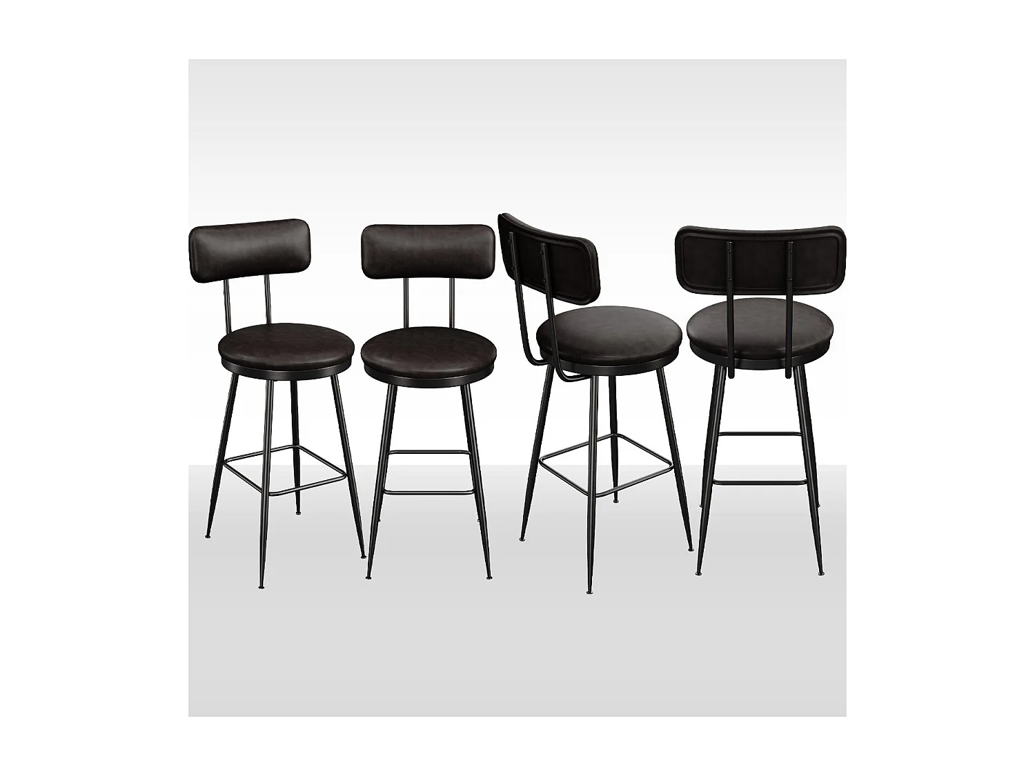 Lot de 4 tabourets de bar en PU Noir foncé avec dossier, repose-pieds, structure métal, style moderne cuisine