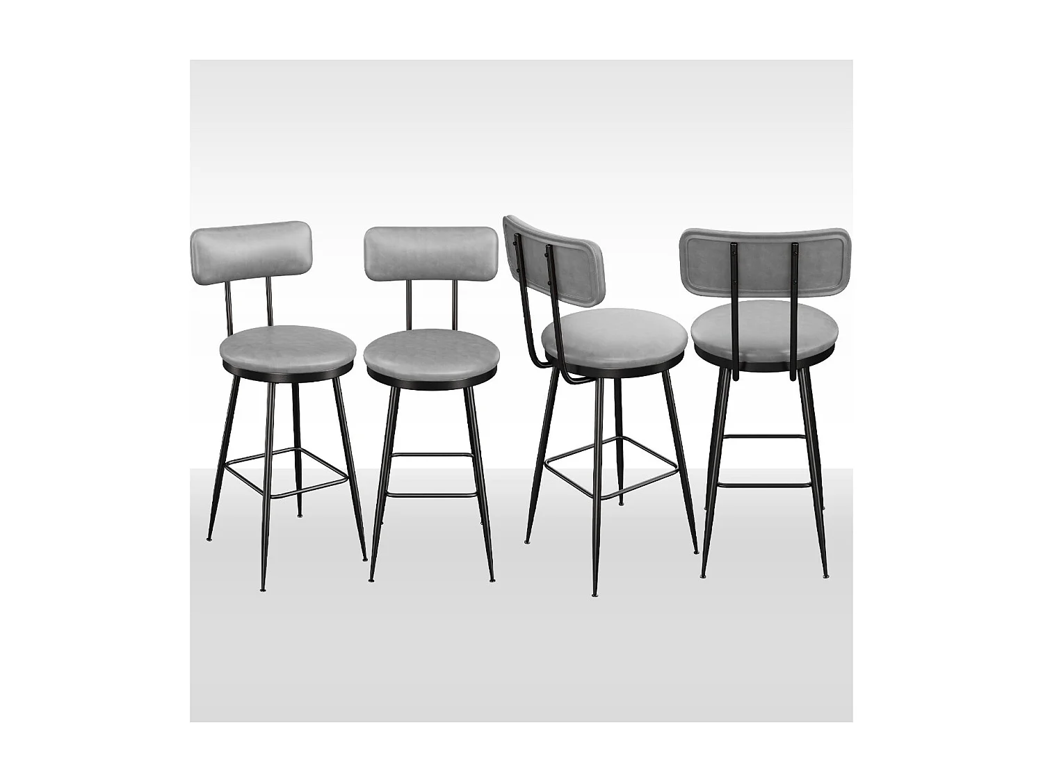 Lot de 4 tabourets de bar en PU gris foncé avec dossier, repose-pieds, structure métal, style moderne cuisine