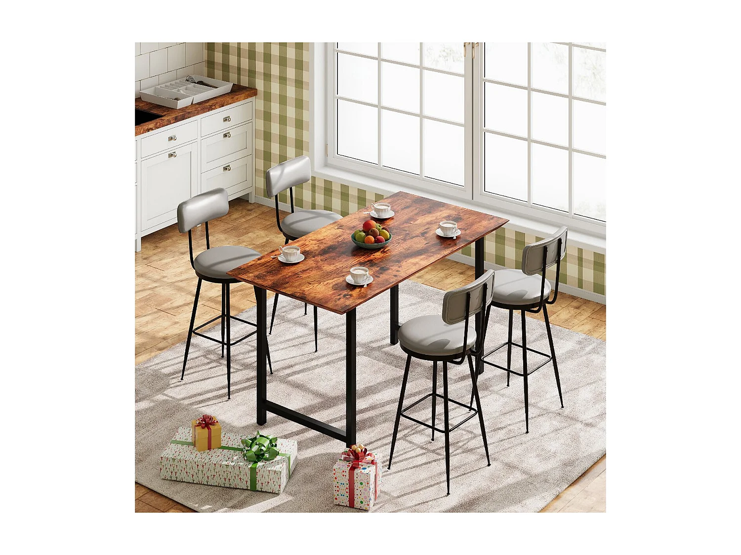 Lot de 4 tabourets de bar en PU gris foncé avec dossier, repose-pieds, structure métal, style moderne cuisine