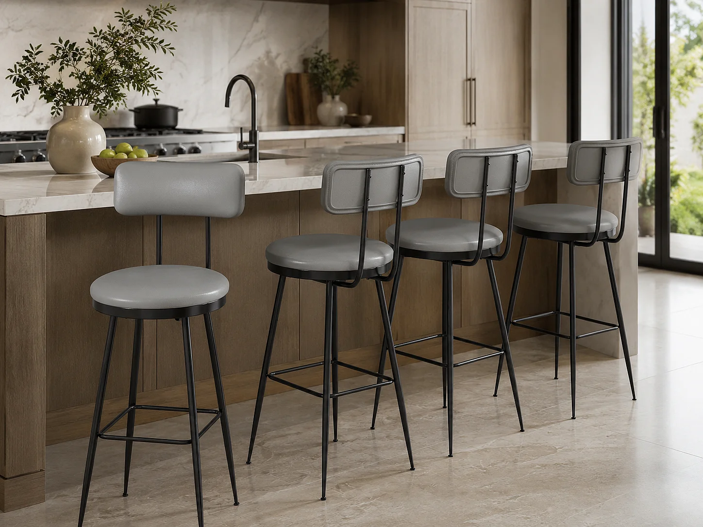 Lot de 4 tabourets de bar en PU gris foncé avec dossier, repose-pieds, structure métal, style moderne cuisine