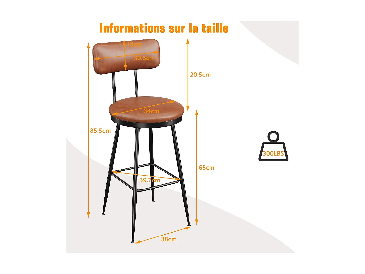 Lot de 2 tabourets de bar en PU Marron foncé avec dossier, repose-pieds, structure métal, style moderne cuisine