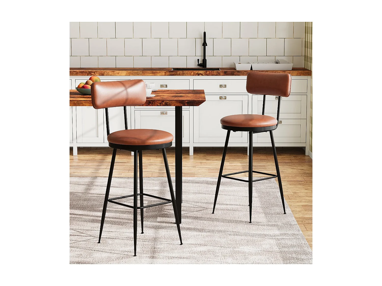 Lot de 2 tabourets de bar en PU Marron foncé avec dossier, repose-pieds, structure métal, style moderne cuisine