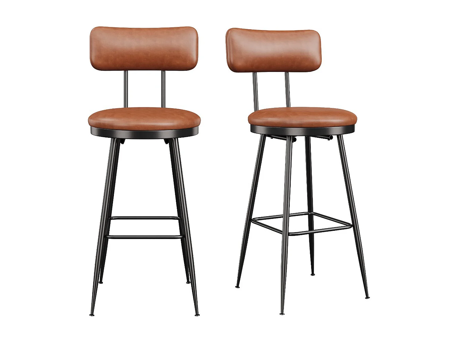 Lot de 2 tabourets de bar en PU Marron foncé avec dossier, repose-pieds, structure métal, style moderne cuisine