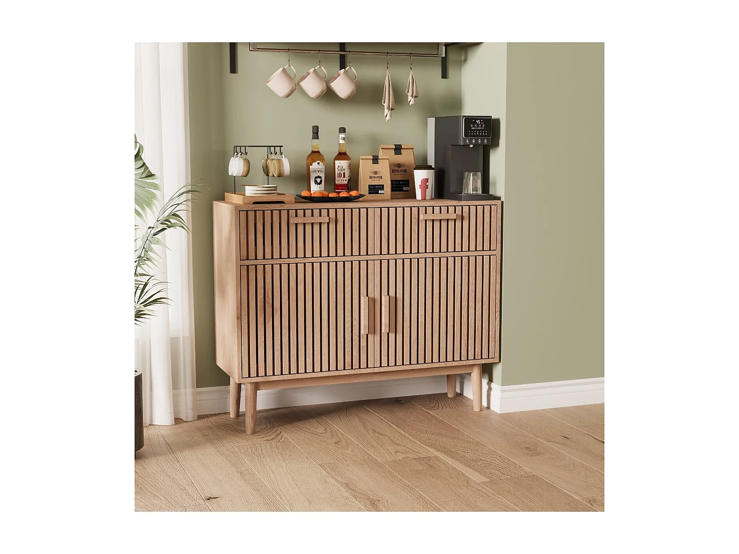 Buffet bois clair avec façade rainurée, meuble de rangement 2 portes et tiroirs, bahut salon style scandinave naturel